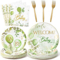 96Pcs Welcome Baby Greenery Baby Shower Sage Green Balloon Party Plates Supplies Tableware Decorations Disposable Paper Plates Napkins Forks for Birthday Gender Reveal, Serves 24 by G1ngtar