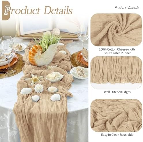 6 Pack Beige Cheesecloth Table Runner 17x108 Inch Semi Sheer Boho Gauze Cheese Cloth Fabric Table Runners Table Decor for Wedding Party Baby Shower Birthday Home Decor Garden Farmhouse - Image 5