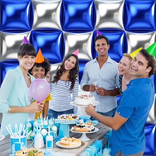 50pcs Navy Blue and Silver Square Foil Balloons Wall Backdrop with 147pcs Dark Blue and Silver Balloon Garland Arch Kit, Double Sided Balloon Tunnel for Birthday Graduation Party Decorations - Image 6