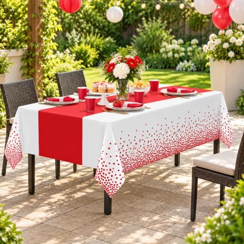 MASHAN 6Pcs White and Red Tablecloth Party Decorations,Plastic Black Table Cloth Printed Red Table Runner Disposable Rectangle Cover for Birthday Weeding Anniversary Graduation Party,54 x108 Inch - Image 6
