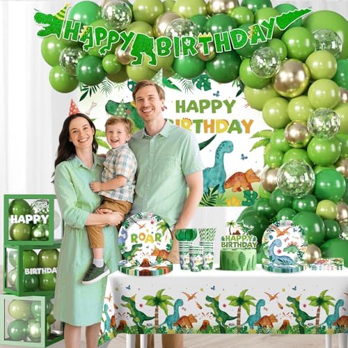 268Pcs Dinosaur Birthday Party Decorations, All-in-One Dinosaur Party Decorations Set for 25 Guests with Balloon Garland Arch, Plates, Tablecloth, Cake Topper, Backdrop, Napkins, Glitter Banner - Image 2