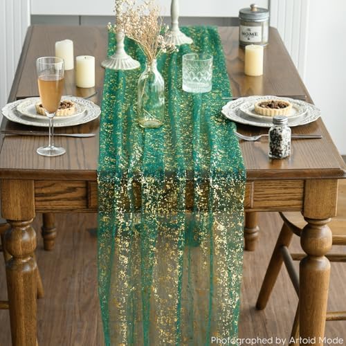 Artoid Mode Green Gold Gauze Table Runner 120 Inch 10FT, Glitter Metallic Foil Sheer Dining Wedding Anniversary Holiday Table Decor for Home Party - Image 5