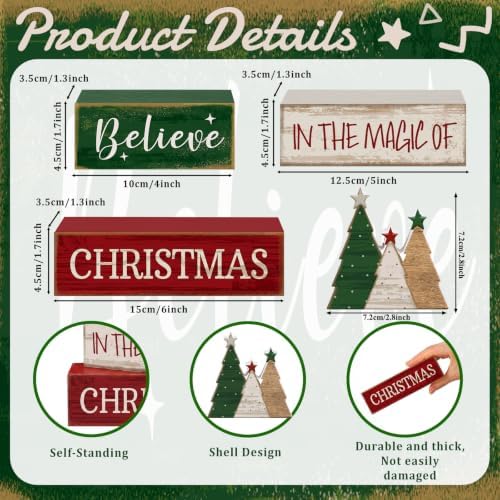 Moucuny 4 Pcs Christmas Table Decorations Rustic Christmas Tree Stacked Wooden Sign Decor Red Green and White Winter Tiered Tray Decor Xmas Table Centerpiece Farmhouse for Home Kitchen Shelf - Image 3