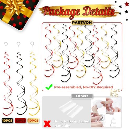 32 PCS Red Black Gold Hanging Swirl Decorations, Sparkle Ceiling Swirls with Plastic Streamers for Casino Night, Graduation, Birthday, Wedding, Hollywood Theme, Baby Shower - Image 4