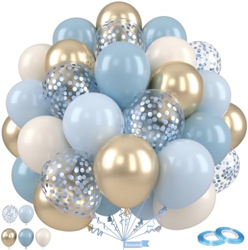 Dusty Blue and Gold Balloons, 12 Inch Blue Gold Balloons, Retro Fog Blue Metallic Golden White Confetti Balloons Latex Balloon for Wedding Baby Shower Gender Reveal Birthday Party Decoration by Saxuxu