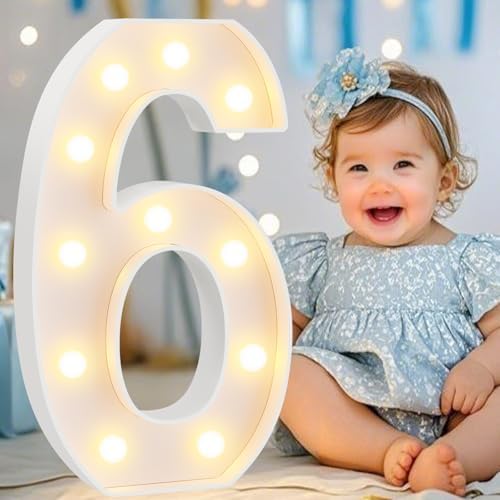 Pooqla Large Light Up Numbers for 6th Birthday Decorations, 12.6 in Tall White Plastic Marquee Numbers Sign Party Decorations, Gift for Girls Boys Night Light Wedding Anniversary Decor, Big Number 6 by Pooqla