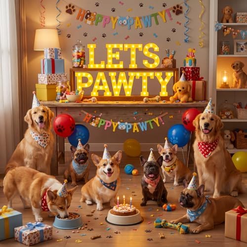 Honoson 9 Pcs Dog Cat Birthday Party Decorations LED Lets Pawty Sign by Honoson