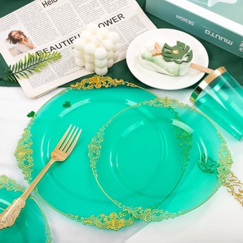 Hioasis 350 Pcs Green Gold Plates for Party - Image 5