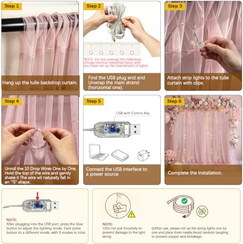 Tulle Backdrop Curtain with Lights String 10FT X 10FT Wrinkle Free Dusty Rose Sheer Tulle Backdrop Curtains for Wedding Birthday Party Reception Photo Booth Background Decorations (2 Panels 5x10FT) - Image 5