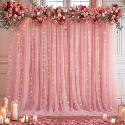 10x10ft Dusty Rose Tulle Backdrop Curtain with Lights String for Parites, Sheer Photo Backdrop Drapes for Wedding Baby Shower Bridal Shower Birthday Party Photo Shoot Background Decorations by Partisky