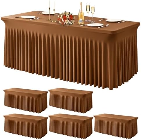 Wish Care 6 Pack Brown Spandex Table Clothes for 6 Foot Rectangle Tables, 6FT Wrinkle Free Fitted Tablecloths Ruffles Design Table Cover for Party, Banquet, Wedding and Events by WishCare