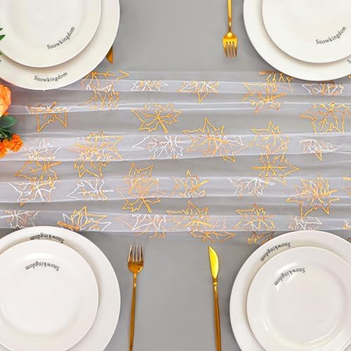 Snowkingdom 10ft Fall Table Runner, Gold Maple Leaves Thanksgiving Table Decorations, White Gauze Chiffon Sheer Cheesecloth Runner for Autumn Harvest Glitter Sparkle Dining Party Decor 120 Inches - Image 6