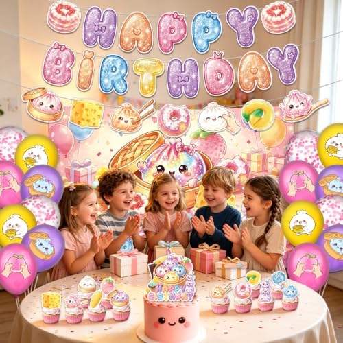 Squishy Birthday Party Decorations - Dumpling Squishy Party Supplies with Backdrop, Banners, Cake & Cupcake Toppers, Balloons for Kids Cute Kawaii Squishy Theme Birthday - Image 4
