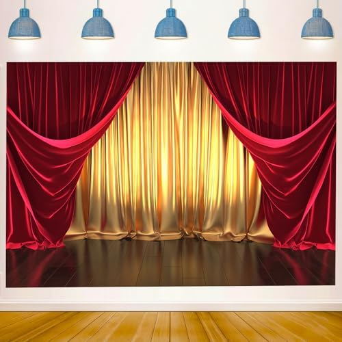 3D Rendering Theater Stage Theme Photography Backdrops Golden and Red Curtains Photo Studio Props Vinyl Background for Wedding Birthday Party Decoration Banner 6x4ft by Qian