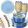 Rubtlamp 100 Guest Blue Gold Plastic Dinnerware Set,Clear Blue Disposable With Gold Rim, Hammer Fancy Party Plates Include 100Dinner Platos,100Cake Platos,100Cups,100 Pre Rolled gold Cutlery by Rubtlamp