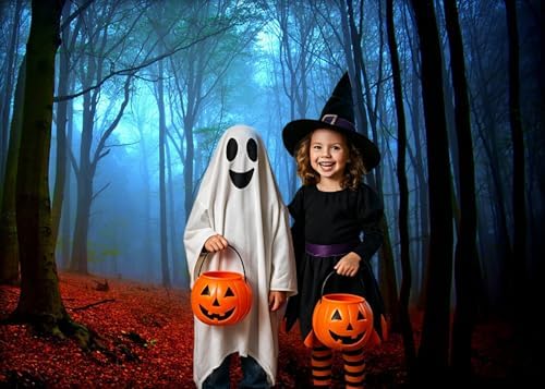Misty Forest Backdrop Halloween Eve Dark Blue Fog Fall Autumn Maple Leaves Woods Background for Thanksgiving Party Photography Studio Photo Booth Props 12x8ft - Image 4