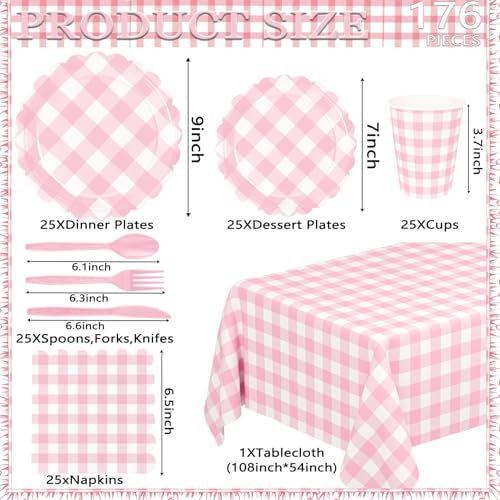 WNINK 176 PCS Light Pink Gingham Plates and Napkins, Pink Checkered Disposable Plates Set with Napkins Cups Plastic Spoons Forks Knives for Dinner Birthday Baby Shower Wedding Supplies Serve 25 Guests - Image 2
