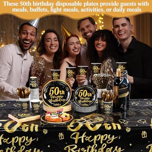 Funnymoom 452 Pcs 50th Birthday Party Decorations Set for Men Women, Black and Gold Happy 50th Birthday Paper Plates Napkins Cups Tablecloth Cutlery Straws for Cheers to 50 Years Anniversary Party - Image 6