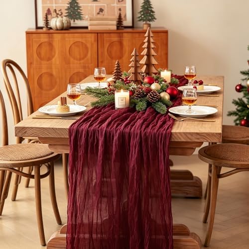 3Pcs Burgundy Table Runner, 10FT Boho Rustic Burgundy Maroon Table Runner 120inch Cheese Cloth Red Runner for Wedding Christmas Birthday Holiday Party Decorations - Image 6