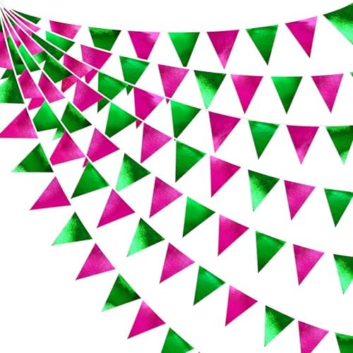 Pink and Green Party Decorations Metallic Hot Pink Light Green Fabric Triangle Pennant Banner Flag Bunting Garland for Witches Theme Birthday Wedding Baby Shower Engagement Bachelorette Party Supplies by pinkblume