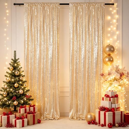 ShinyBeauty Light Gold Sequin Backdrop 2 Panels 7x7ft Christmas Backdrop - Image 4