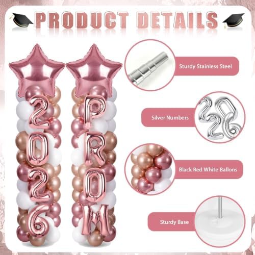 2 Sets Graduation Balloon Column Stand Kits with 132 PCS Rose Champagne Gold Latex Balloons 2026 Letters 6.5 Ft Adjustable Metal Tube Telescopic Tower Pillar with Base for Graduation Party Decoration - Image 4