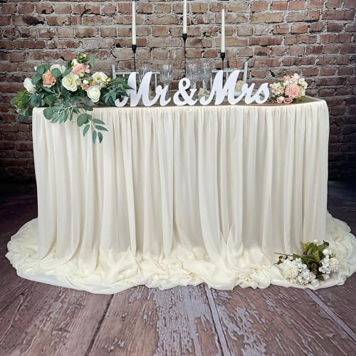 Pooling and Floating Chiffon Table Skirt with extra length, 6FT 9FT 14FT Sheer Tablecloth, Baby Shower, Birthdays Party, Main Cake Table Decoration, Wdding Table Skirt (Ivory, 6FT) - Image 2