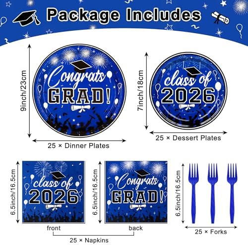 100 Pcs Graduation Plates and Napkins, 2026 Blue Graduation Disposable Plates and Napkins Party Supplies Set Serves 25, Blue Disposable Dinnerware Set for 2026 Decorations Grad Party - Image 2