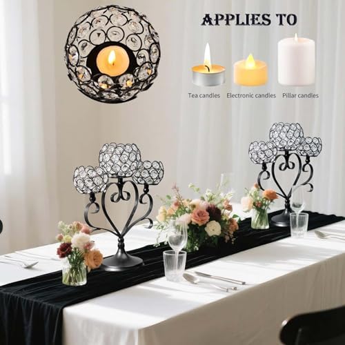 6 Pcs 3-Arm Heart Tea Light Candle Holder - Crystal & Metal Wedding Centerpiece Decor, Sparkling Table Decor for Anniversaries/Romantic Tabletop Home/Dinner Party/Events (6, Black) - Image 7