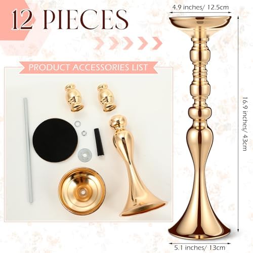 Sadnyy 12 Pcs Metal Flower Arrangements Stand Metal Wedding Centerpiece Stand Gold Vase Centerpiece Tall Table Decor Flower Vase for Wedding Reception Event Party Hotel Home Decor (16.9 Inch) - Image 2
