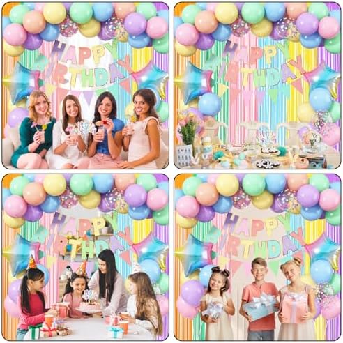 Jobkoo Pastel Birthday Decorations for Girls, Macaron Rainbow Pastel Color Balloons Reusable Happy Birthday Banner Sign Fringe Curtain Backdrop Cake Toppers for Kid Spring Baby Shower Party Decoration - Image 6