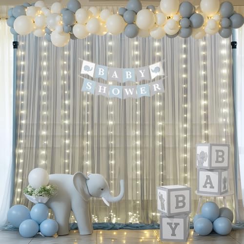Silver Grey Tulle Backdrop Curtain with Lights String for Parites 10x8ft Sheer Backdrop Curtains for Birthday Party Bridal Shower Baby Shower Wedding Ceremony Prom Photo Booth Background Decorations - Image 3