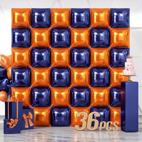 NISOCY 36PCS Navy Blue and Orange Square Foil Balloons Wall Backdrop by NISOCY