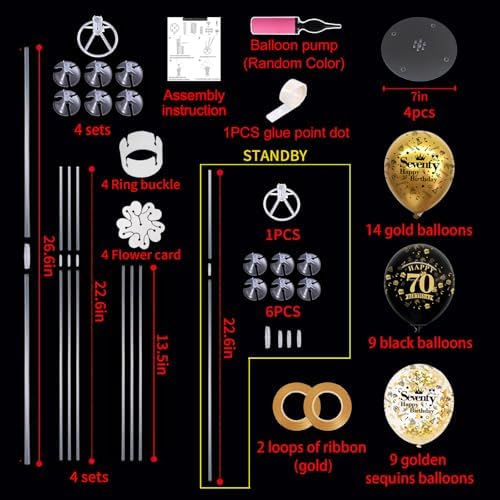 TONIFUL 4 Set Black Gold 70 Printed Balloon Stands for 70th Birthday Decor - Image 2