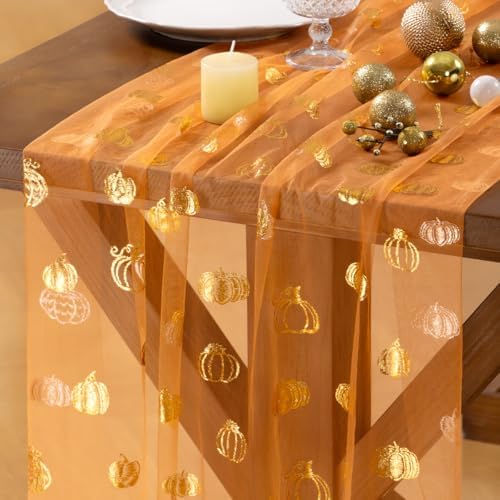 Gold Gauze Table Runner Fall Pumpkin Sheer Party Centerpiece Table Decor by Socomi