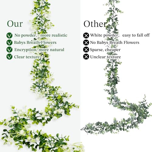 6FT Eucalyptus Garland with Flowers, 8 Pack Artificial Greenery Garland Hanging Faux Eucalyptus Garland Suitable for Table Wedding Backdrop Arch Wall Party UV Protected Indoor Outdoor Decor - Image 6