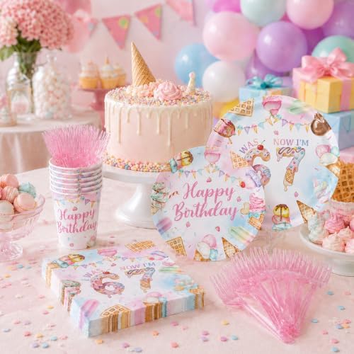 120PCS Ice Cream 7th Birthday Party Supplies, Pastels Sweet Treats I Was 6 Now I'm 7 Tableware Set, Girls Summer Birthday Decoations Disposable Paper Plates Napkins Cups Knives Forks for 20 Guests - Image 5