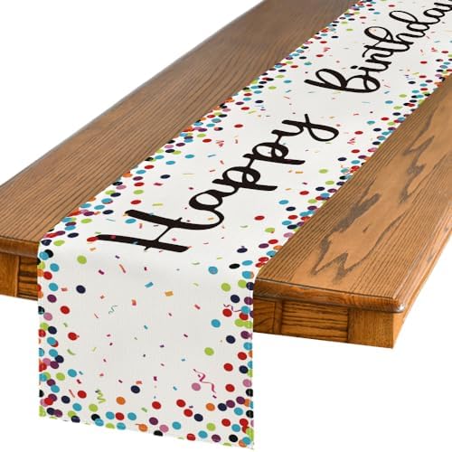 Artoid Mode Polka Dot Beige Happy Birthday Table Runner, Seasonal Kitchen Dining Table Decoration for Home Party Decor 13x72 Inch by ArtoidMode