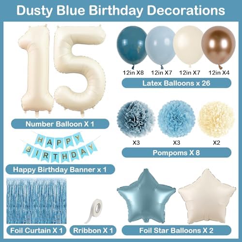 Dusty Blue 15th Birthday Party Decorations Boys Beige Number 15 Balloon - Image 4