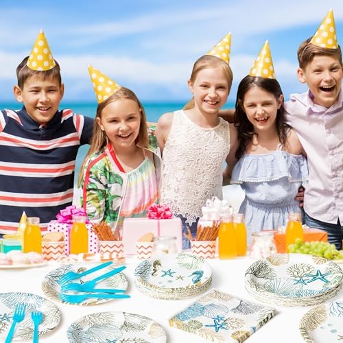 96Pcs Ocean Seashell Coastal Beach Starfish Coral Party Plates Supplies Tableware Decorations Disposable Paper Plates Napkins Forks for Birthday Summer Baby Shower, Serves 24 - Image 6