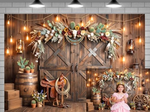 Western Cowboy Rustic Wooden Barn Door Backdrop, Wild West Cow Skull Cactus Vintage Farmhouse Photography Background for Rodeo Birthday Party Photo Booth Studio Portrait Props 5x4 FT - Image 2