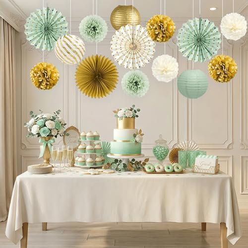 ADLKGG 14 Pcs Sage Green Gold Party Decorations, Paper Lanterns Fans Decor - Image 6