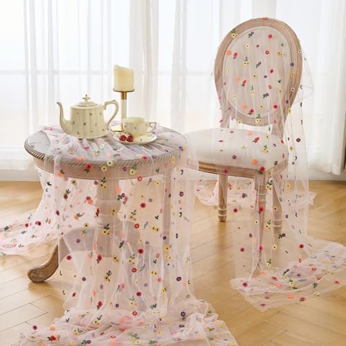 BINBE 12pcs Daisy Spring Table Runner Embroidery Gauze 10FT Florals Seasonal Tulle Holiday Birthday Kitchen Dining Table Decor for Home Party Pink - Image 5