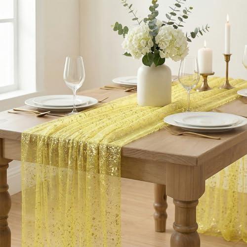 Artoid Mode Light Yellow Gold Gauze Table Runner 59x120 Inch 10FT, Glitter Metallic Foil Sheer Dining Wedding Anniversary Holiday Birthday Table Decor for Home Party - Image 2
