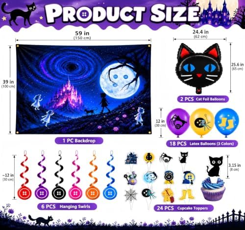 Black Cat Birthday Party Decorations Kit, Backdrop Banner, 2PCS Cat Foil Balloons, 18PCS Latex Balloons, 24PCS Cupcake Toppers, 6PCS Hanging Swirls Set, Halloween Party Supplies for Kids Girls - Image 2