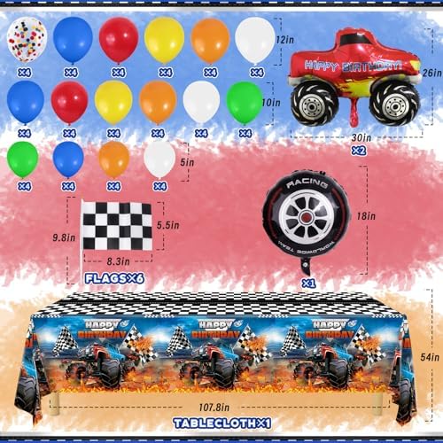 Monster Truck Birthday Decorations, Machines Jam Party Decoration Supplies include Truck Balloons Arch, Tablecloth, Backdrop, Cake Cupcake Toppers, Hanging Swirls, Flags, Truck Birthday Decor for Boys - Image 3