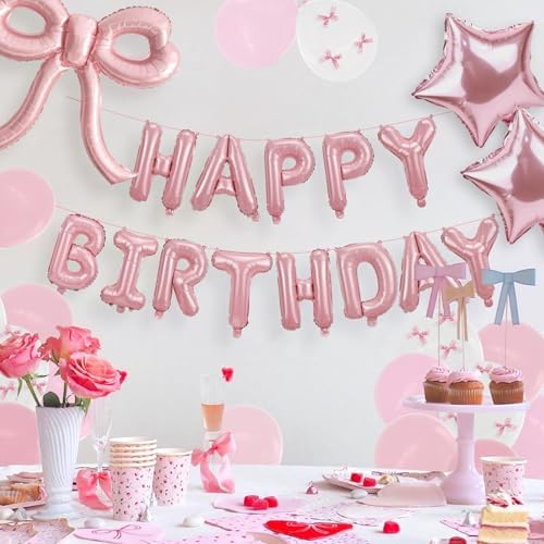 Bow Party Decorations Pink Happy Birthday Balloons Banner Pink Birthday Decorations Bow Balloons for Women Girls Birthday Decor Party Supplies - Image 4