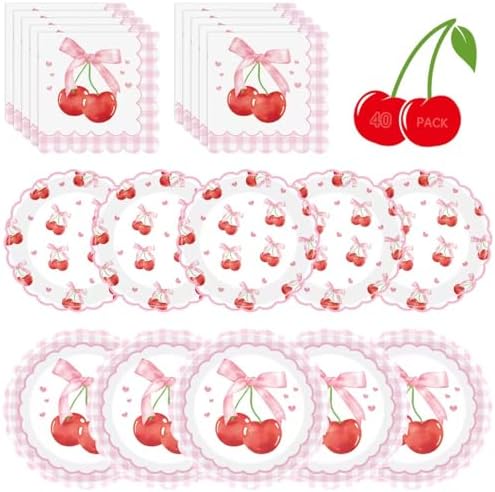 40 Pcs Cherry Birthday Decorations - Pink Bows Plates and Napkins Party Supplies, Disposable Scalloped Bowknot Paper Dinner Plates Napkins Sets for Fruits Cherry Table Party Decor Favors, Serves 20 by Litmitfu