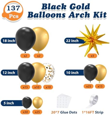 137Pcs Black and Gold Balloons Garland Arch Kit with Stars - 5 10 12 18 inch Black Gold Confetti Latex Party Balloons for 2026 New Year Graduation Retirement Decorations Birthday - Image 3