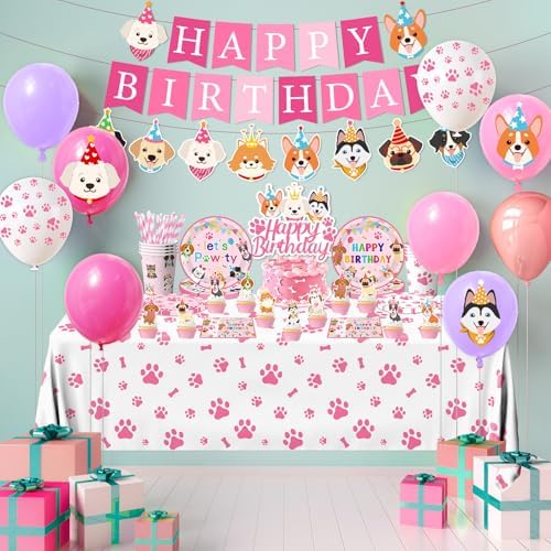 Dog Birthday Party Decorations Include Lets Pawty Plates Napkins Pink Puppy Tablecloth Banner Balloons Cupcake Toppers Tableware Set for Girls Puppy Birthday, Dog Party Decorations Serves 24 - Image 4